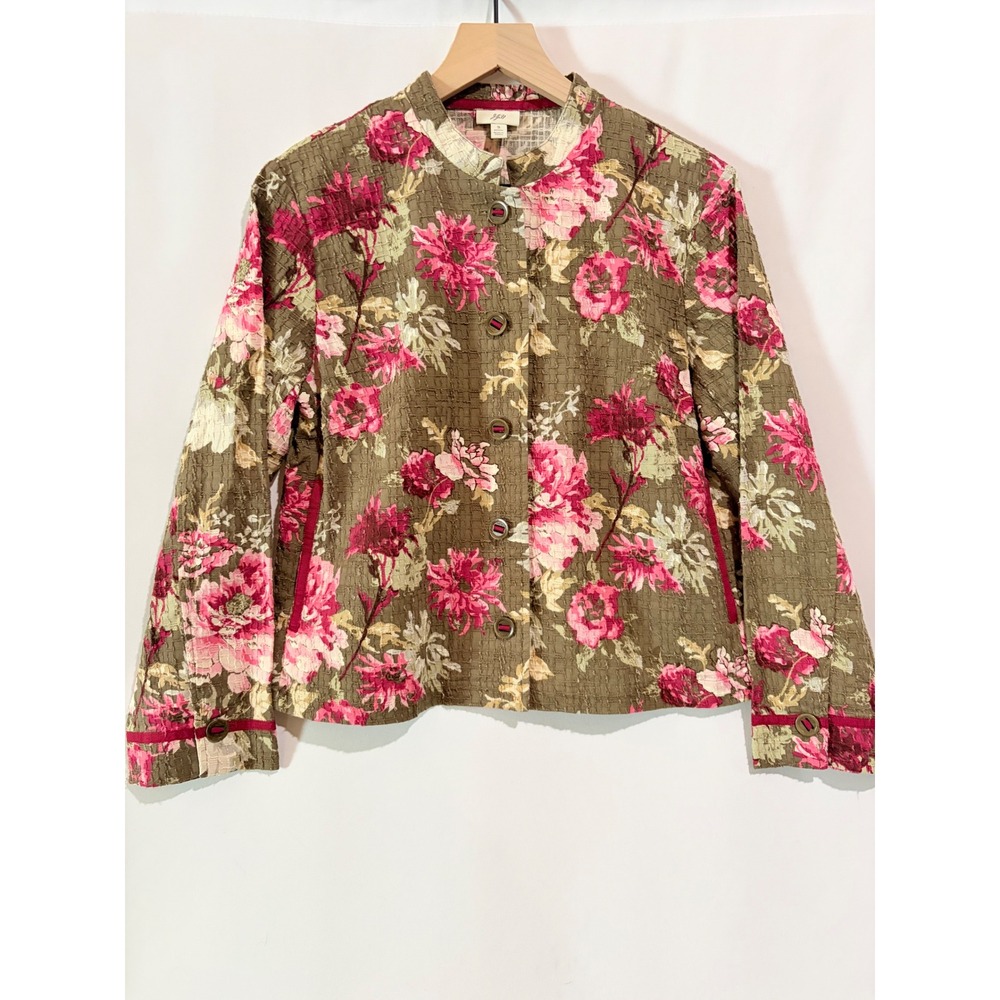J. Jill Button Front Jacket Olive Floral Petite Small Casual Business Streetwear
